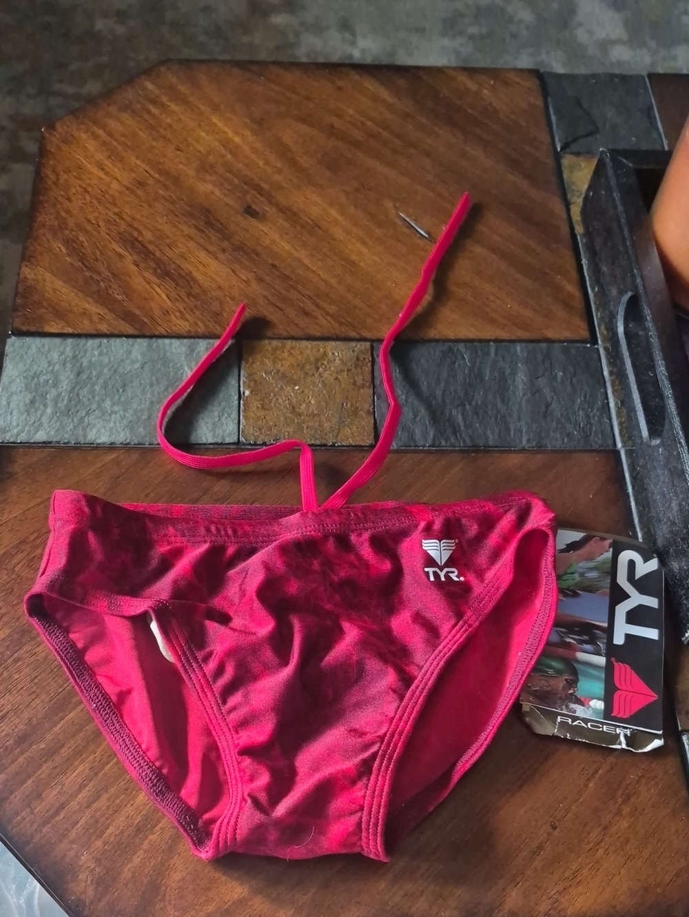 TYR men's Red Swim Brief with Drawstring In Red Marble